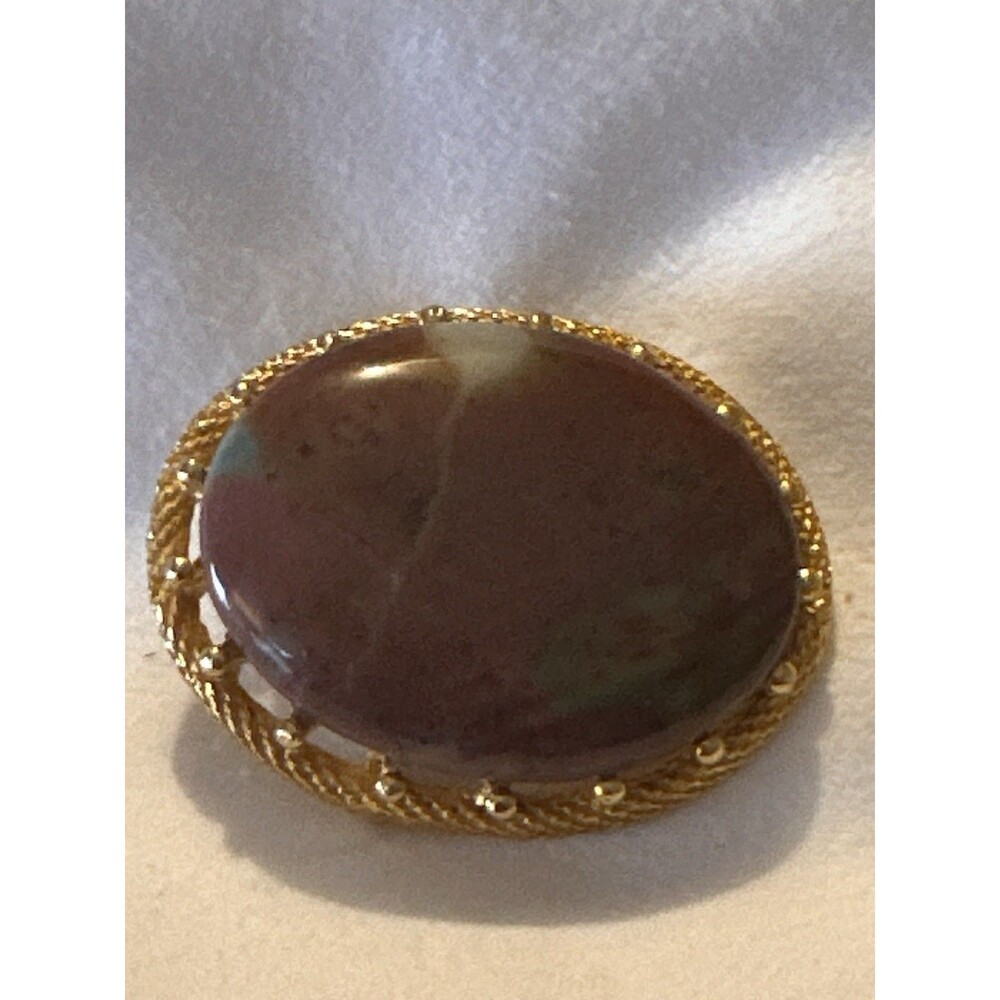 Vintage Jasper Stone Brooch Gold Tone Large Oval Cabochon Statement Pin - Picture 5 of 7